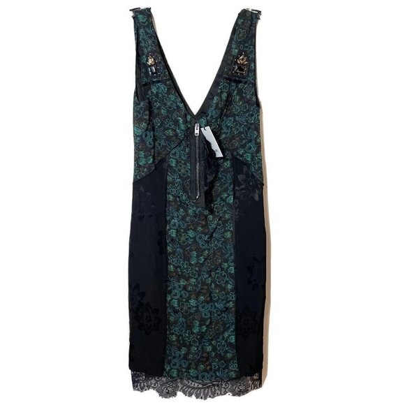 Coach Retro Floral Slip Dress Navy Green 2 Sleeveless V-Neck Lace Trim Stone New - Picture 1 of 16